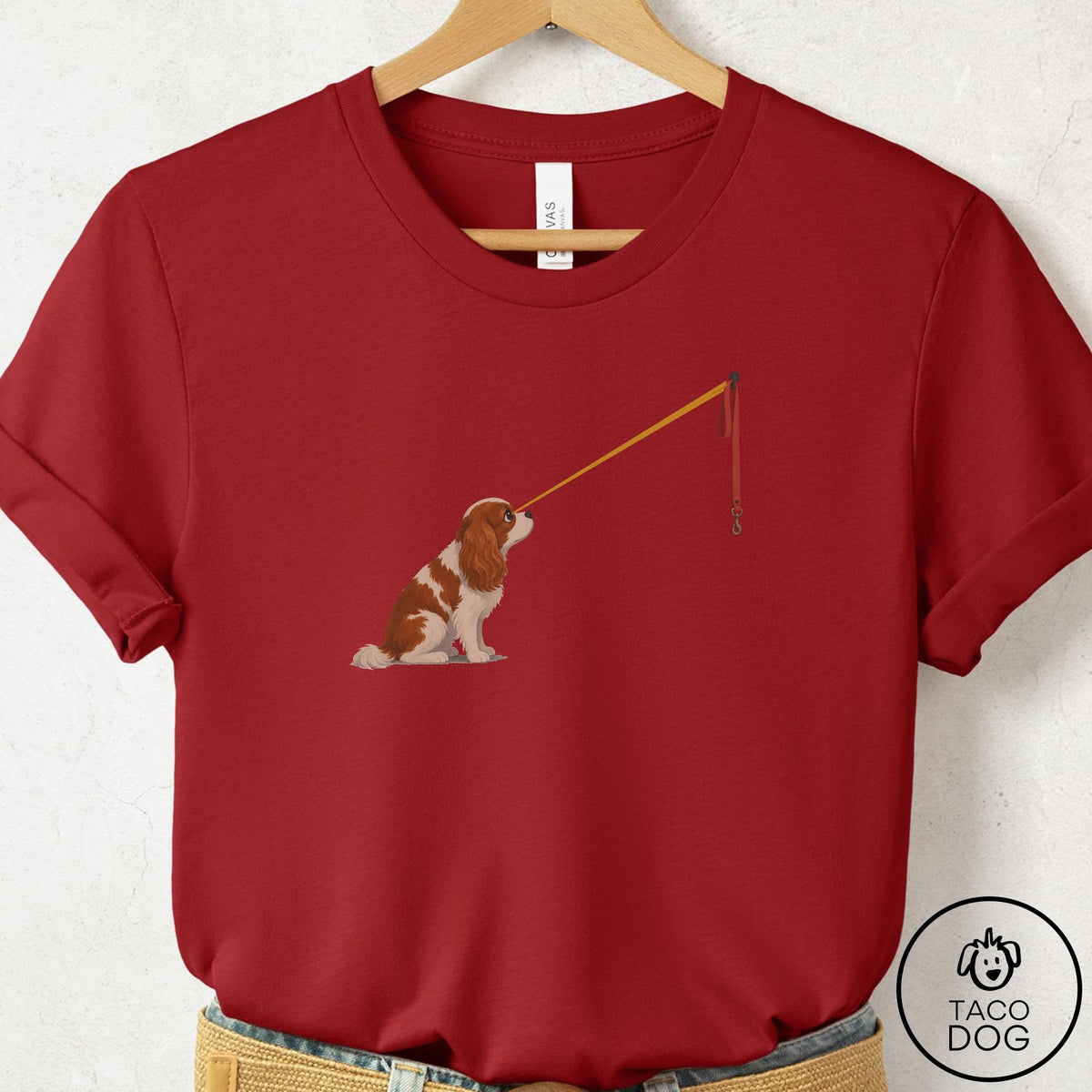 Cavalier King Charles Spaniel Willpower Leash T-Shirt Canvas Red Taco-Dog
