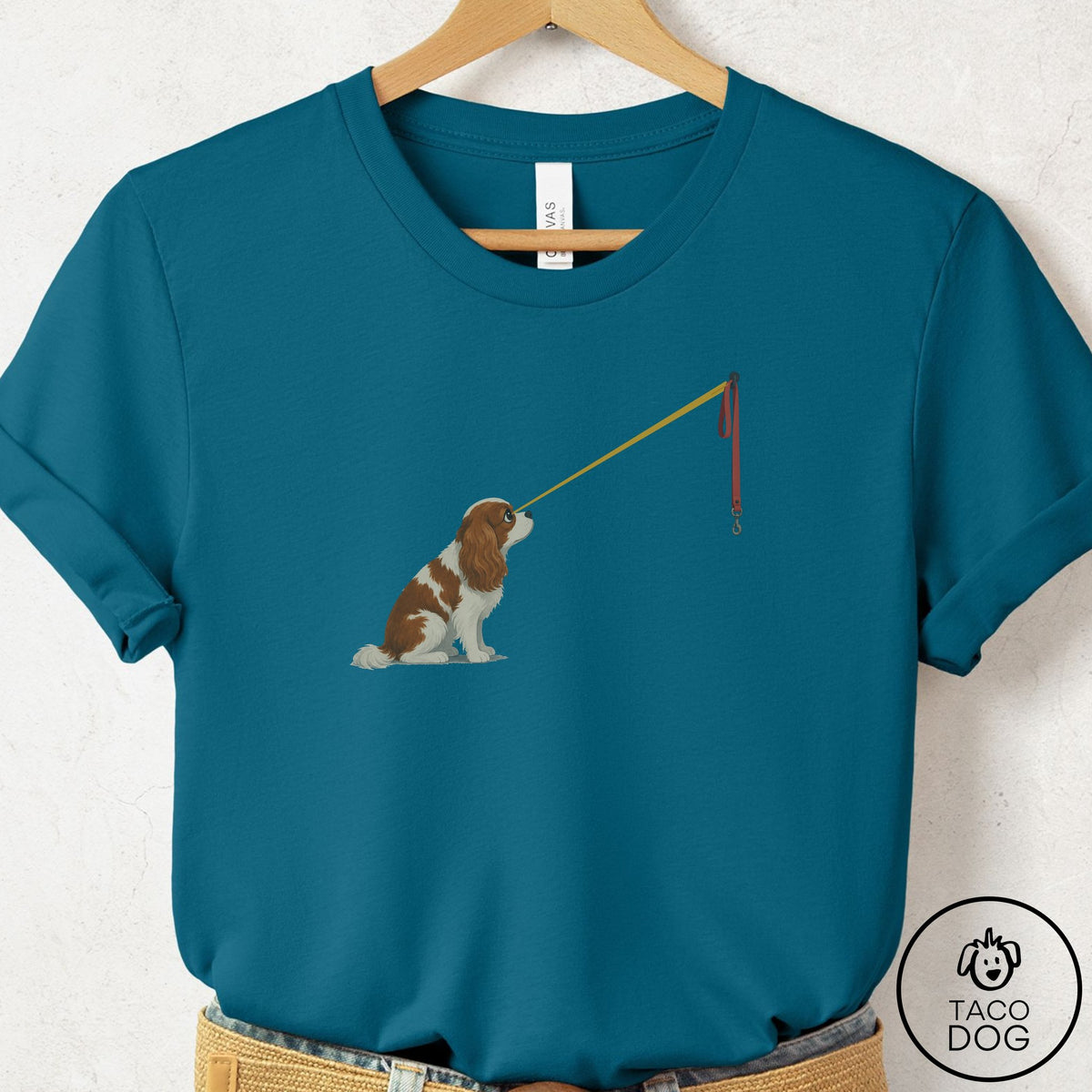 Cavalier King Charles Spaniel Willpower Leash T-Shirt Deep Teal Taco-Dog