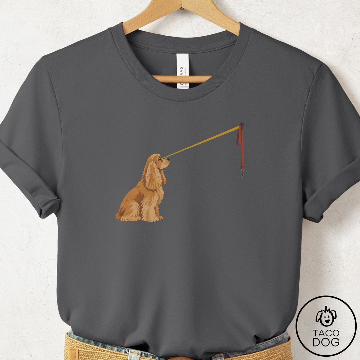 Cocker Spaniel Willpower Leash T-Shirt Asphalt Taco-Dog
