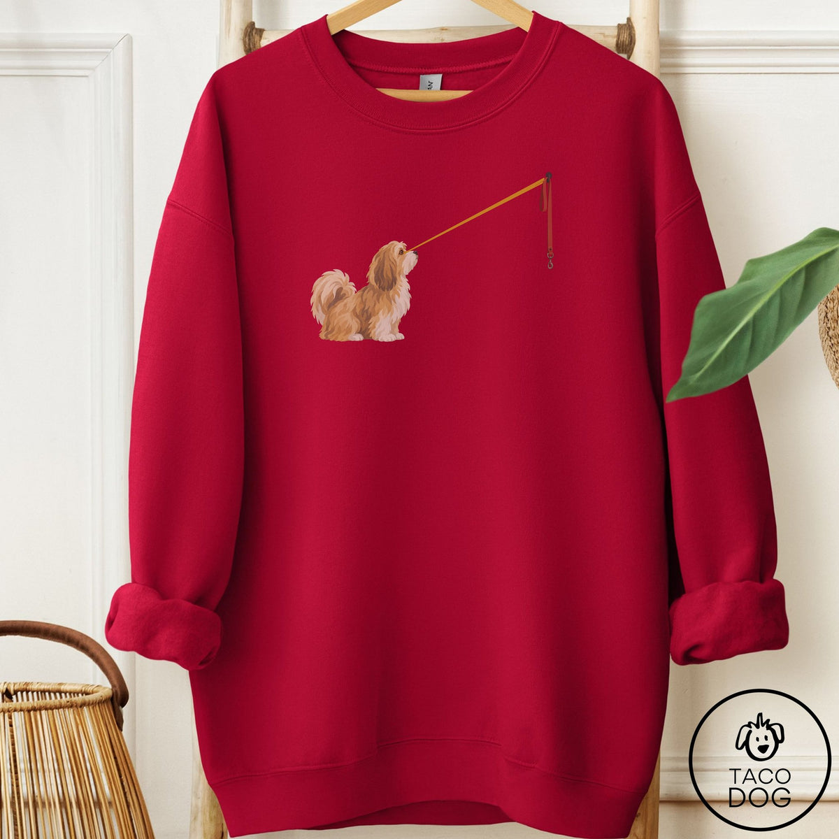 Havanese Willpower Leash Sweatshirt Cardinal Red Taco-Dog