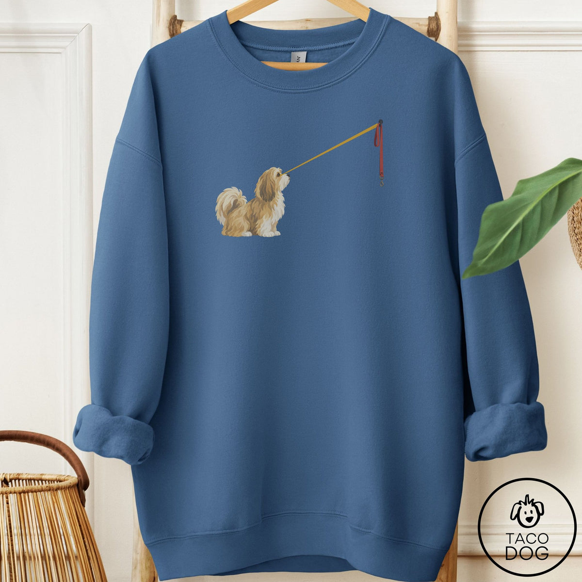 Havanese Willpower Leash Sweatshirt Indigo Blue Taco-Dog