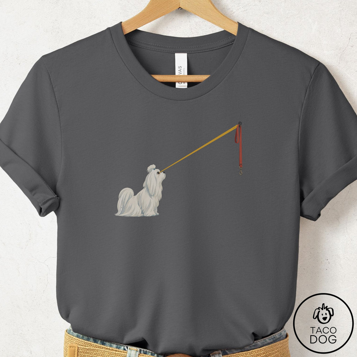 Maltese Willpower Leash T-Shirt Asphalt Taco-Dog