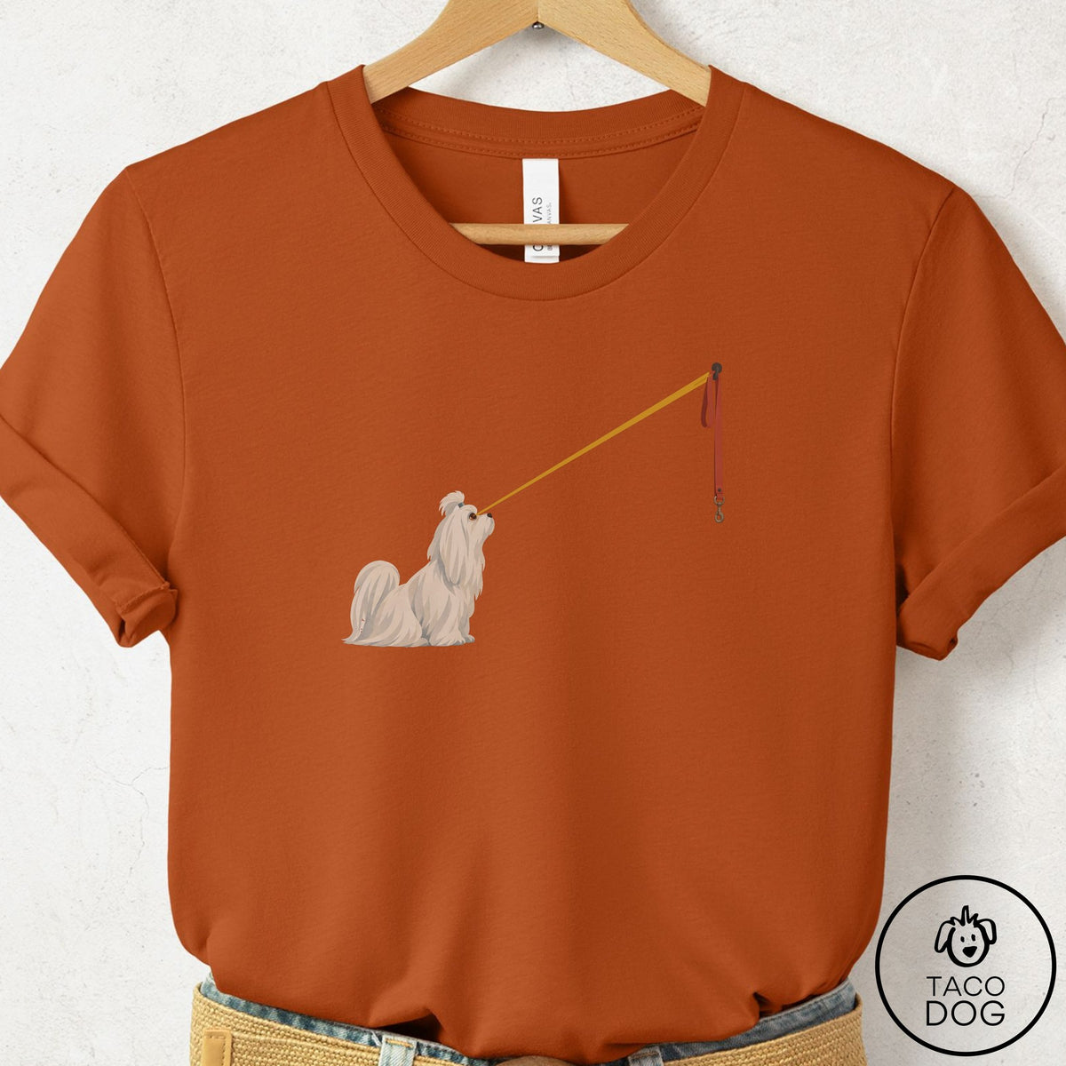 Maltese Willpower Leash T-Shirt Autumn Taco-Dog
