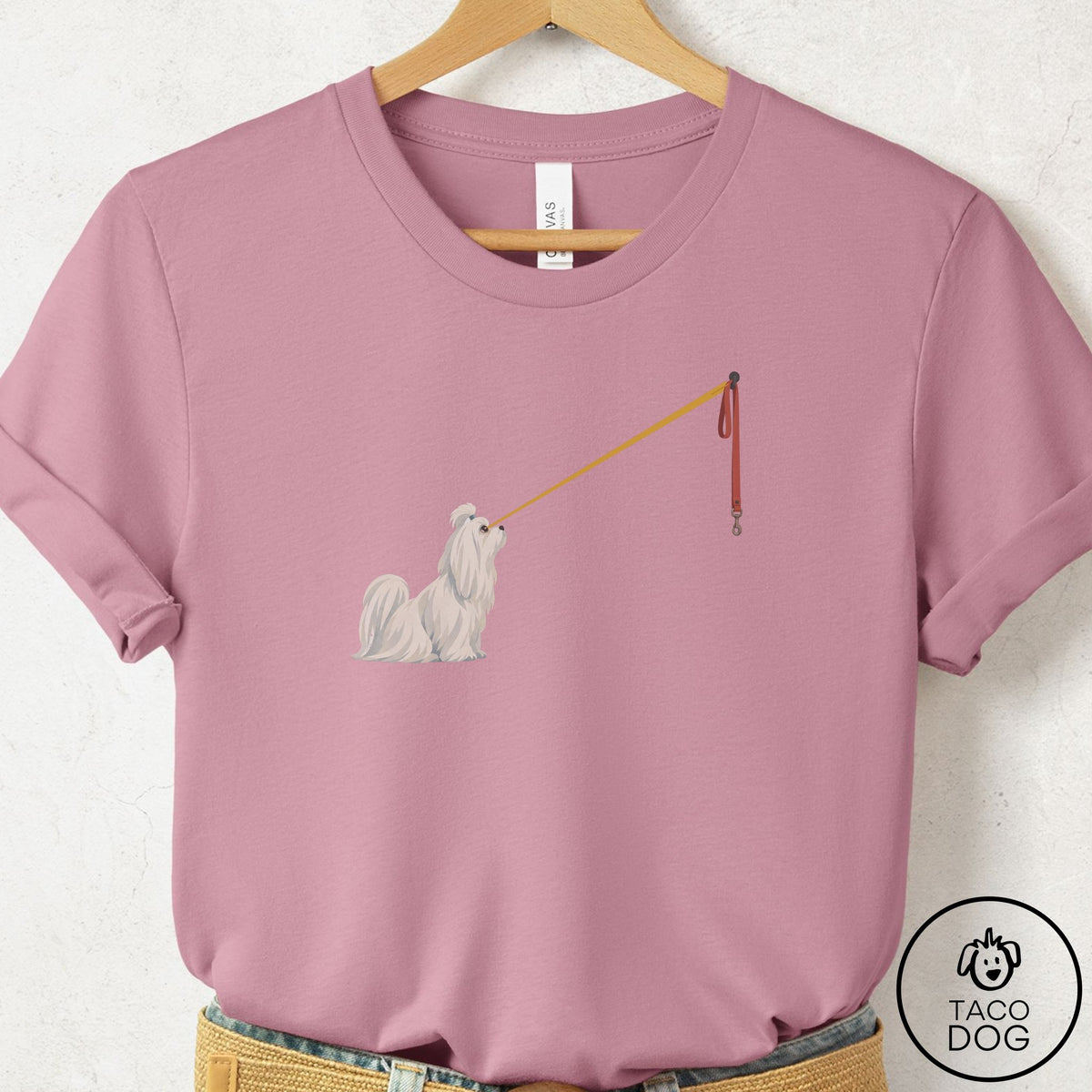 Maltese Willpower Leash T-Shirt Orchid Taco-Dog