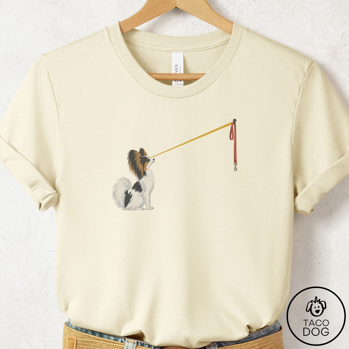 Papillon Willpower Leash T-Shirt Natural Taco-Dog
