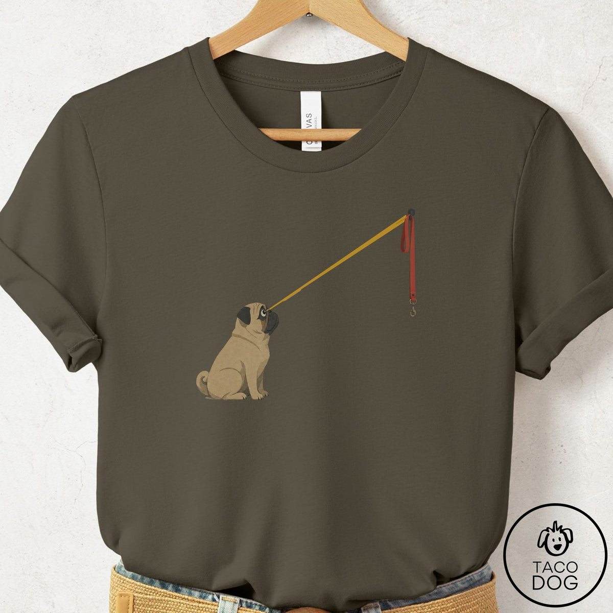 Pug Willpower Leash T-Shirt Army Taco-Dog