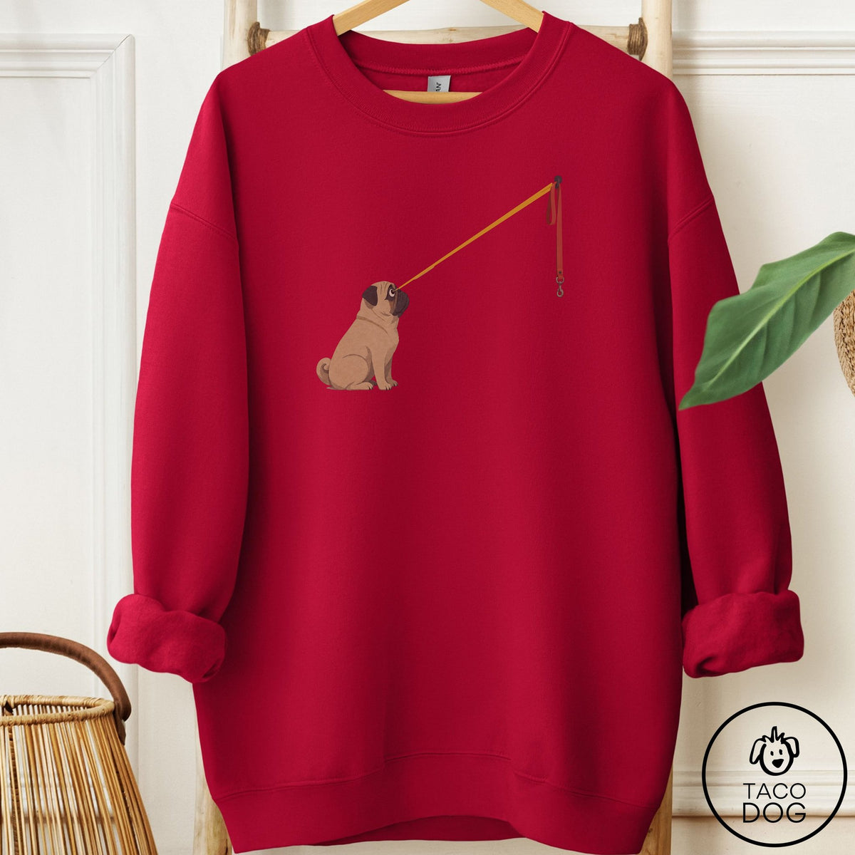 Pug Willpower Leash Sweatshirt Cardinal Red Taco-Dog