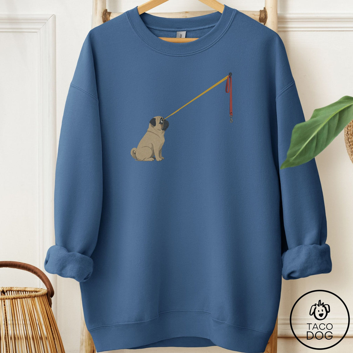 Pug Willpower Leash Sweatshirt Indigo Blue Taco-Dog