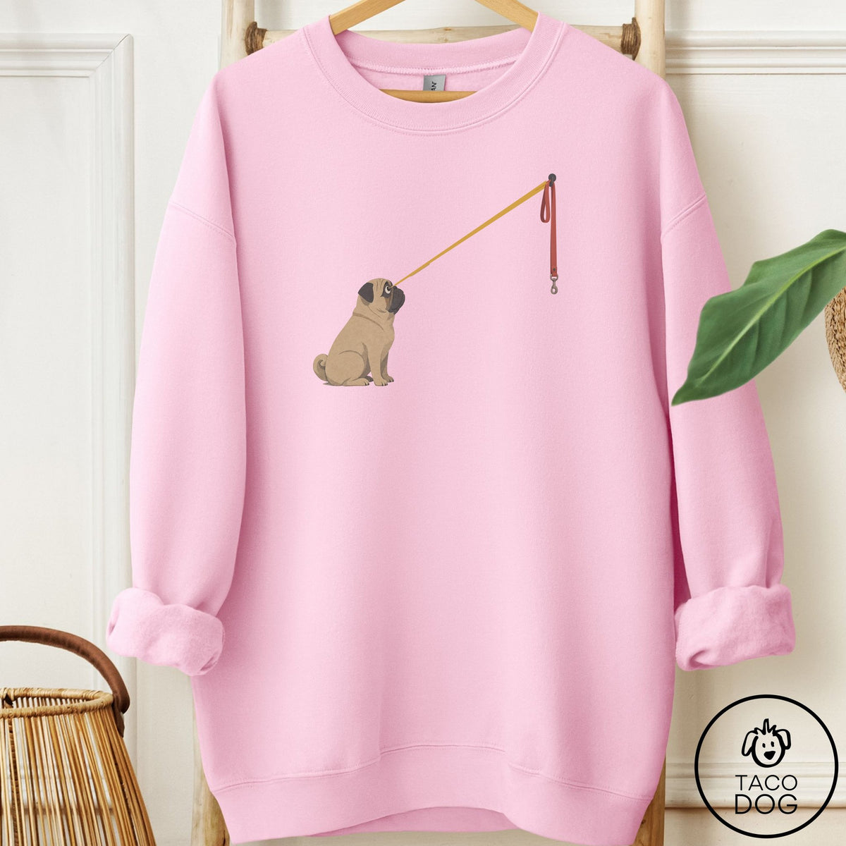 Pug Willpower Leash Sweatshirt Light Pink Taco-Dog