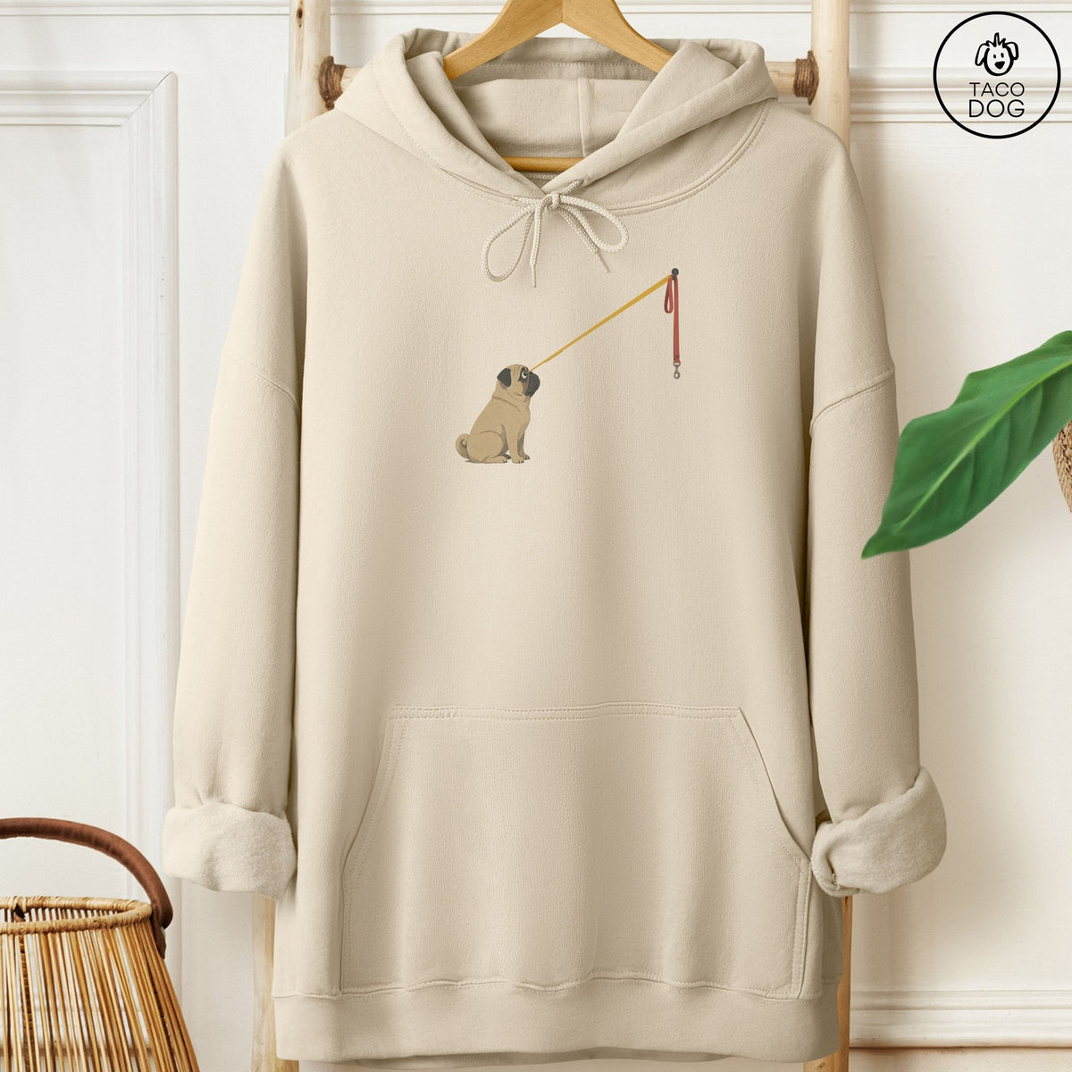 Pug Willpower Leash Hoodie Sand Taco-Dog