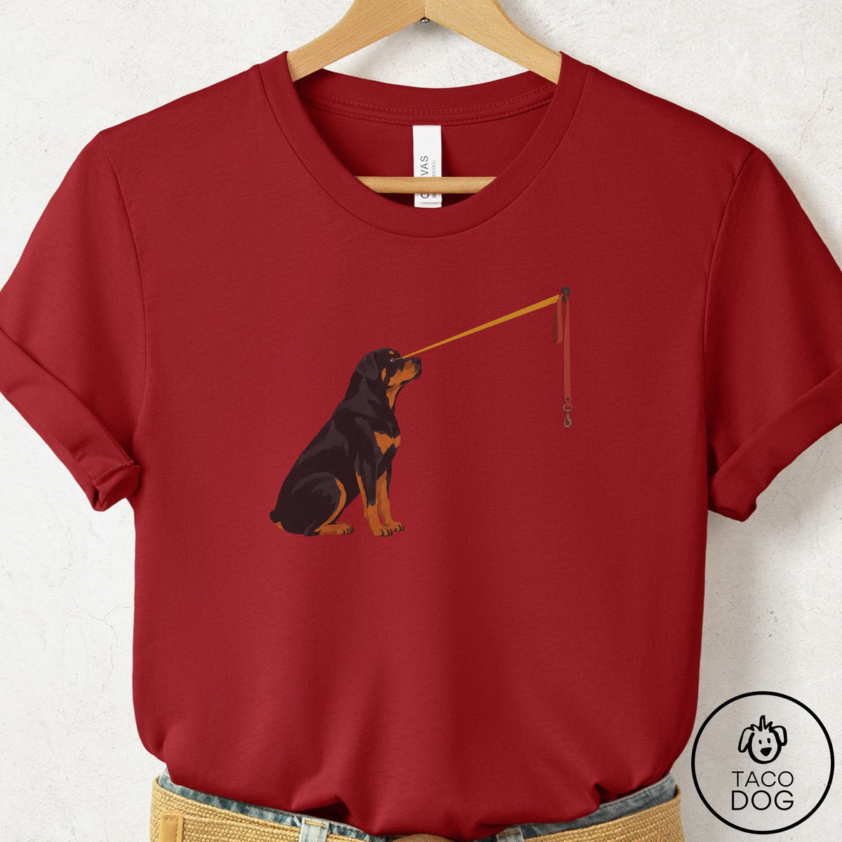 Rottweiler Willpower Leash T-Shirt Canvas Red Taco-Dog