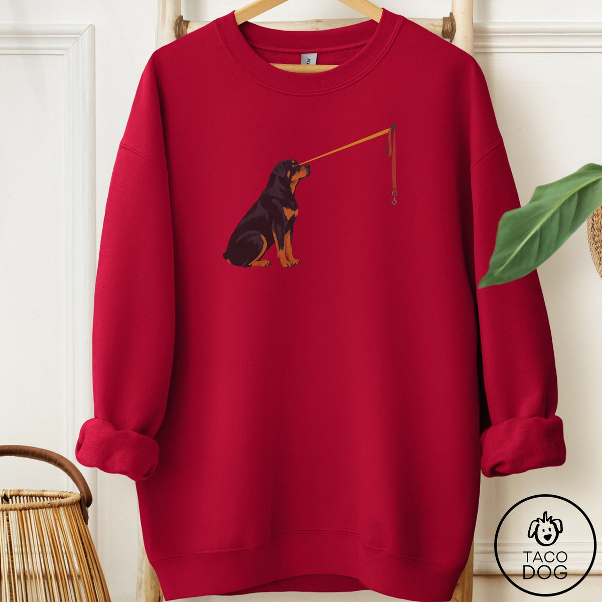 Rottweiler Willpower Leash Sweatshirt Cardinal Red Taco-Dog