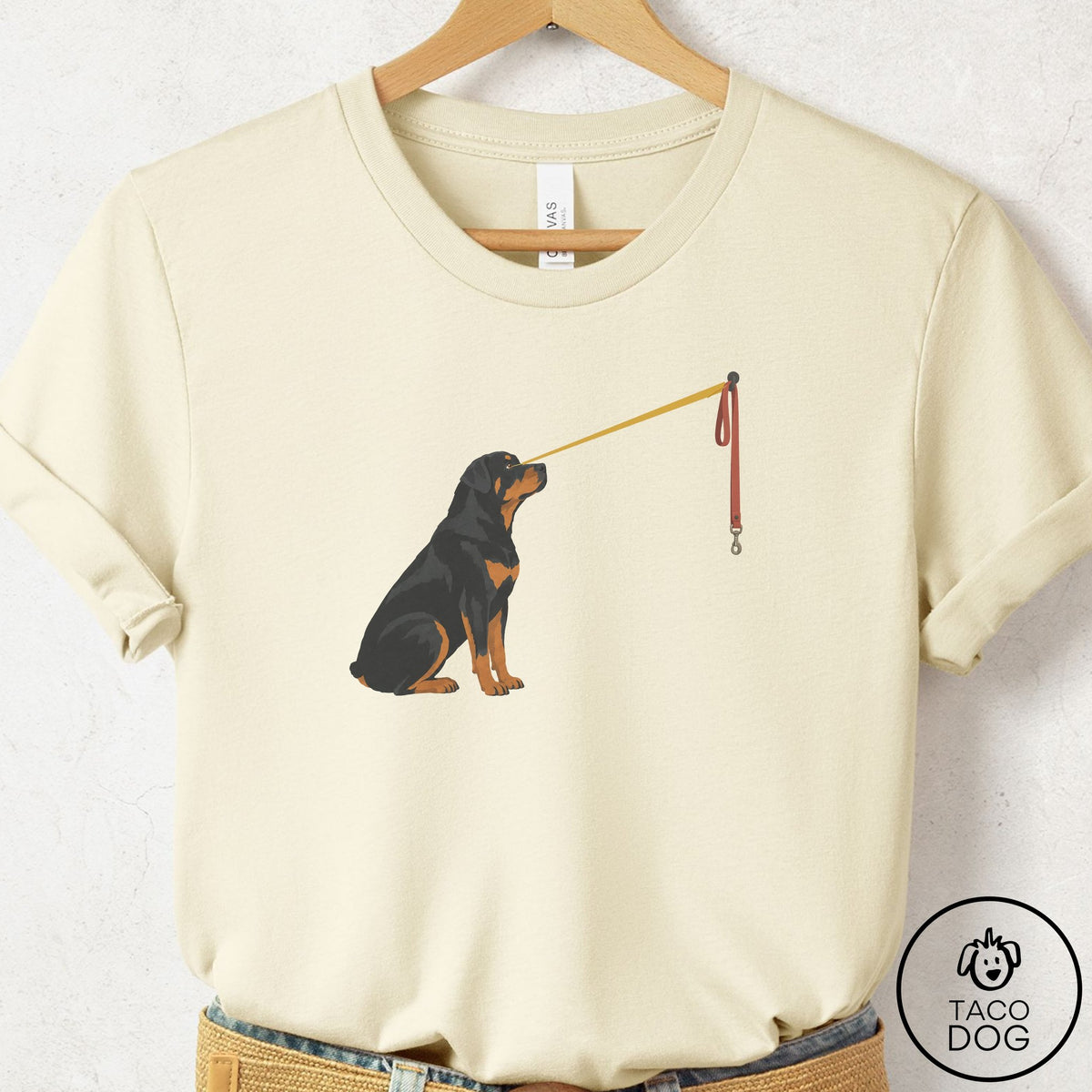 Rottweiler Willpower Leash T-Shirt Natural Taco-Dog