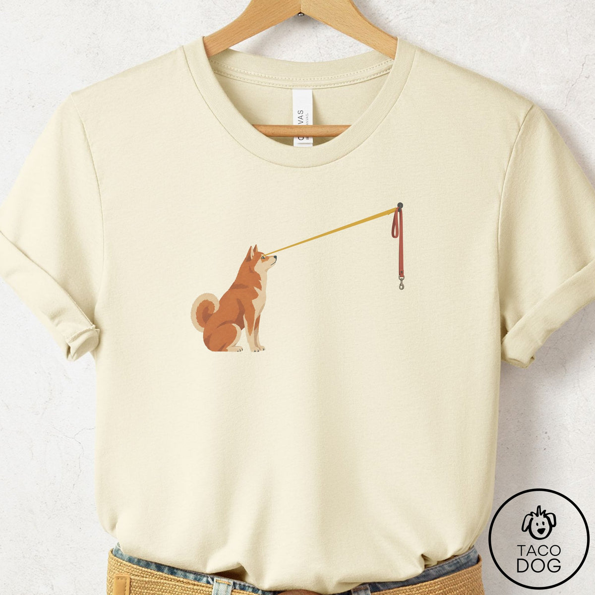 Shiba Inu Willpower Leash T-Shirt Natural Taco-Dog