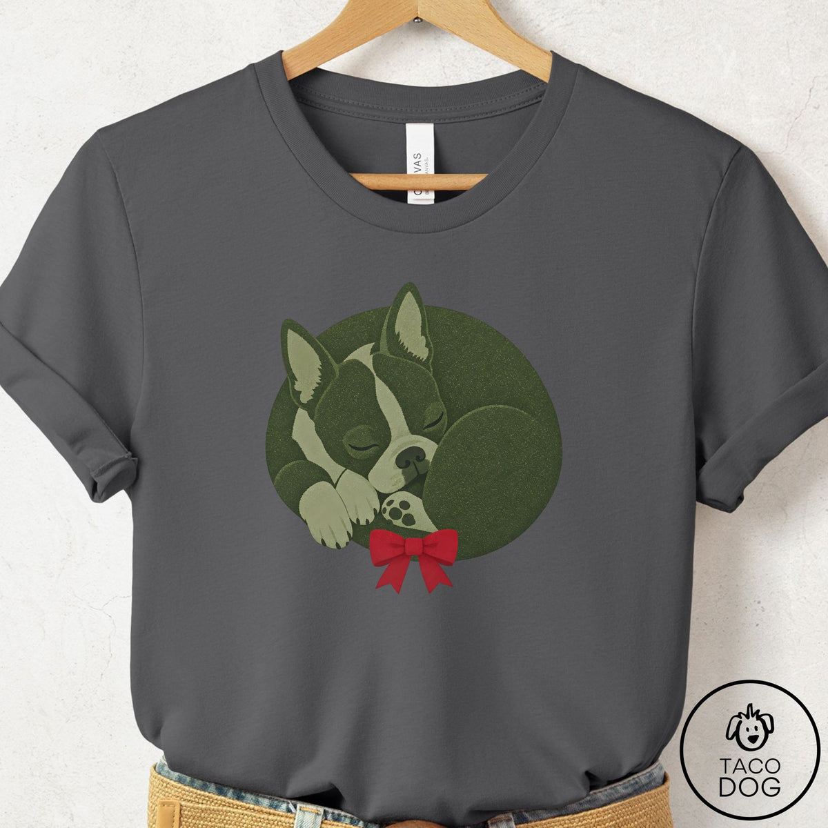 Boston Terrier Wreath T-Shirt Asphalt Taco-Dog