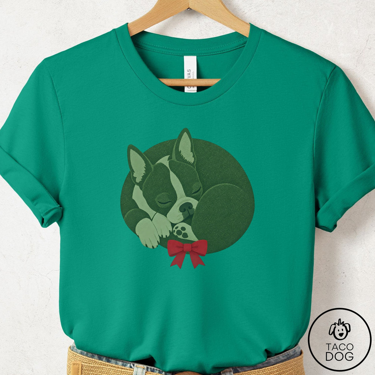 Boston Terrier Wreath T-Shirt Kelly Taco-Dog