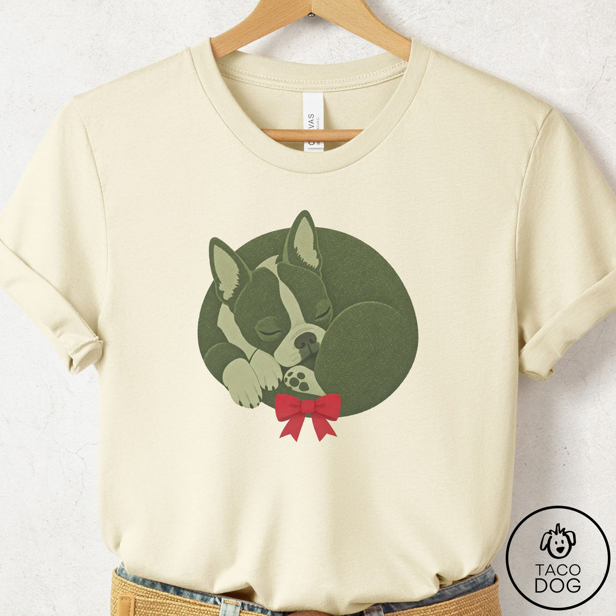 Boston Terrier Wreath T-Shirt Natural Taco-Dog