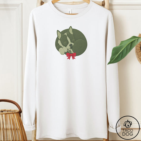 Boston Terrier Wreath Long Sleeve Tee White Taco-Dog