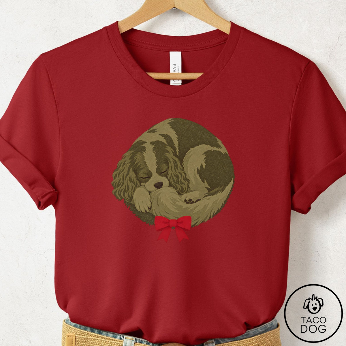 Cavalier King Charles Spaniel Wreath T-Shirt Canvas Red Taco-Dog