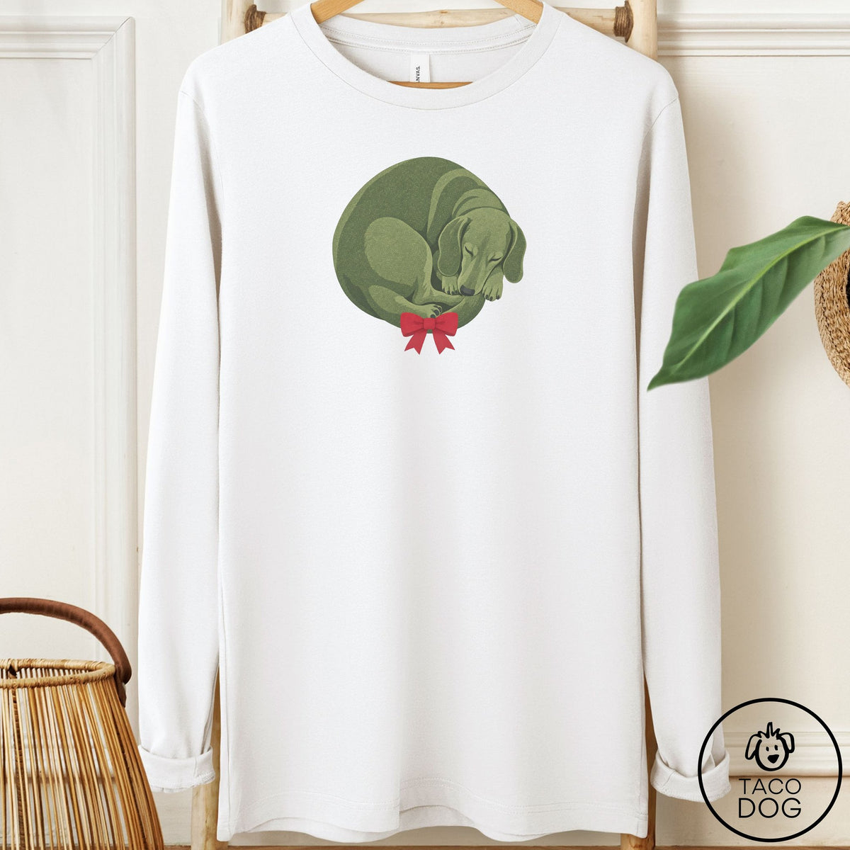 Dachshund Wreath Long Sleeve Tee White Taco-Dog