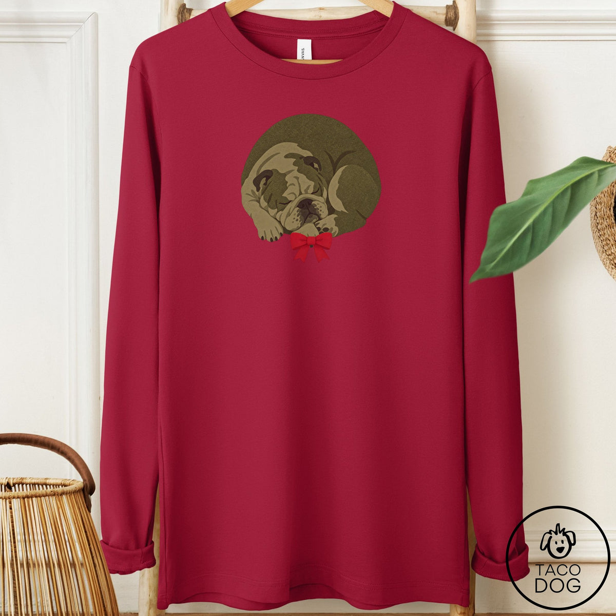 English Bulldog Wreath Long Sleeve Tee Cardinal Taco-Dog