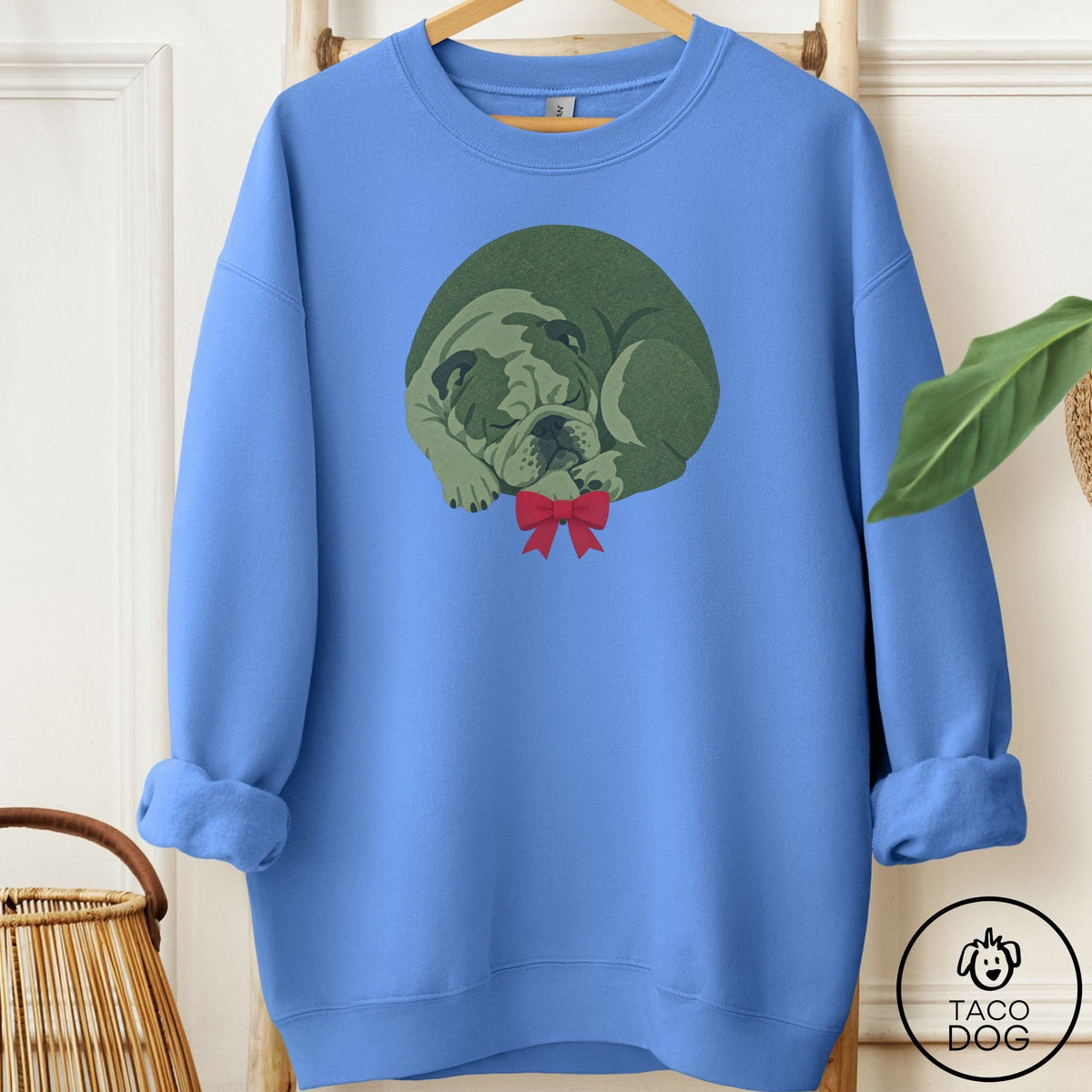 English Bulldog Wreath Sweatshirt Carolina Blue Taco-Dog