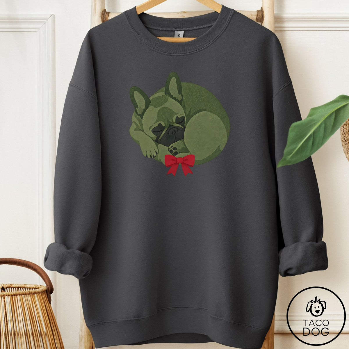 French Bulldog Frenchie Wreath Sweatshirt Charcoal Taco-Dog
