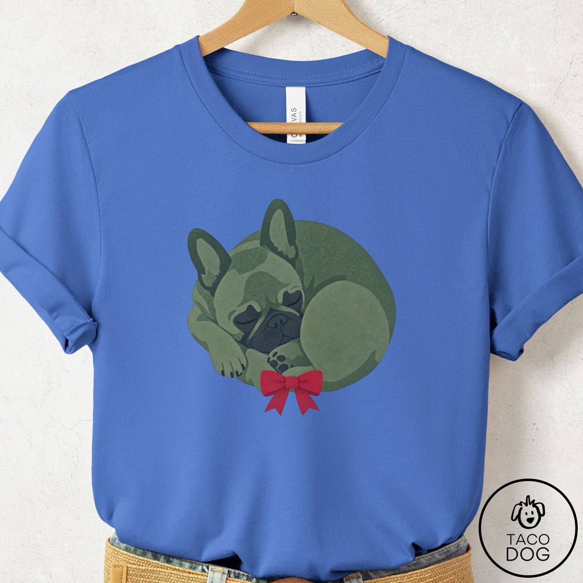 French Bulldog Frenchie Wreath T-Shirt Columbia Blue Taco-Dog