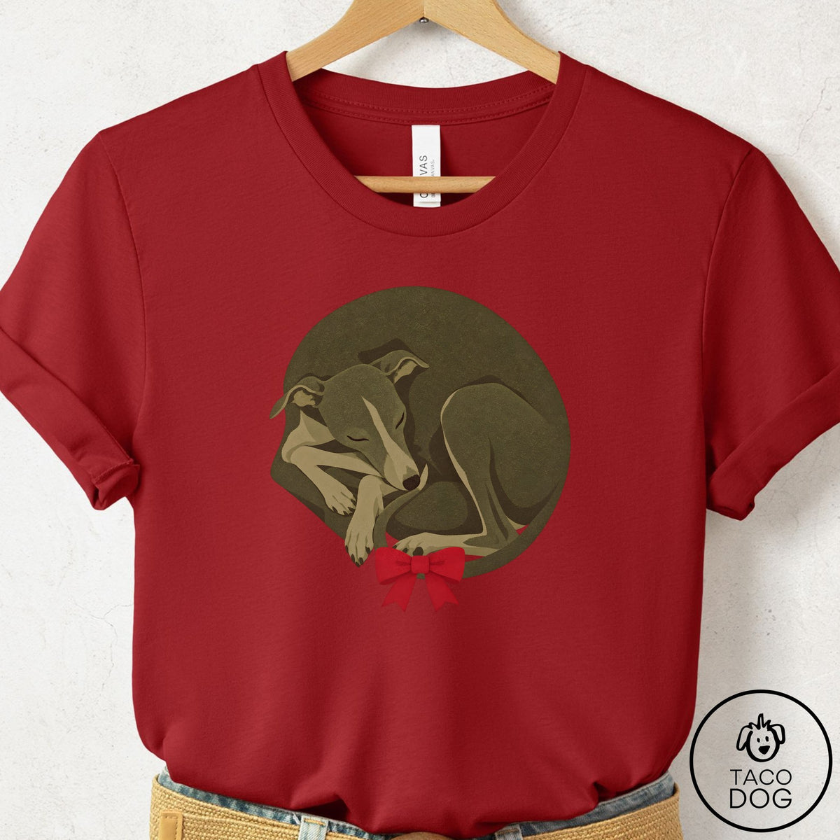 Italian Greyhound Whippet Wreath T-Shirt Canvas Red Taco-Dog
