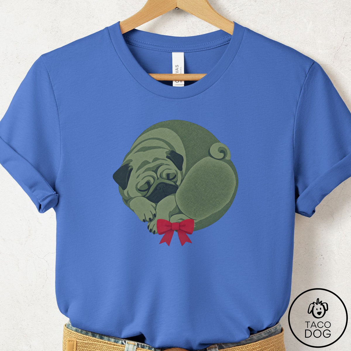 Pug Wreath T-Shirt Columbia Blue Taco-Dog