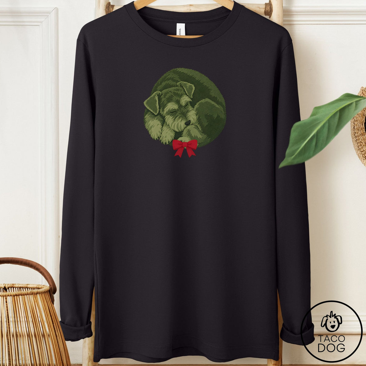 Schnauzer Wreath Long Sleeve Tee Black Taco-Dog
