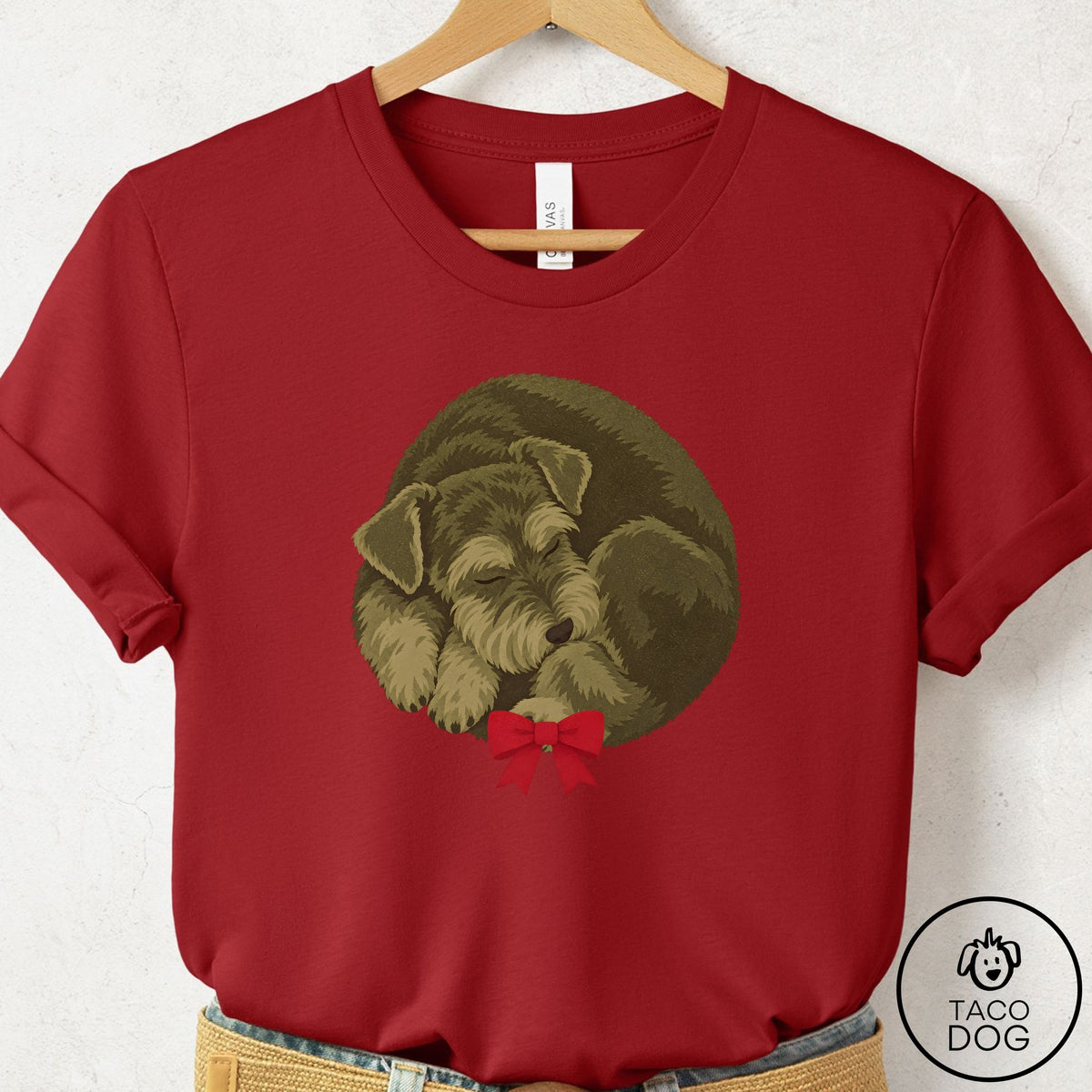 Schnauzer Wreath T-Shirt Canvas Red Taco-Dog