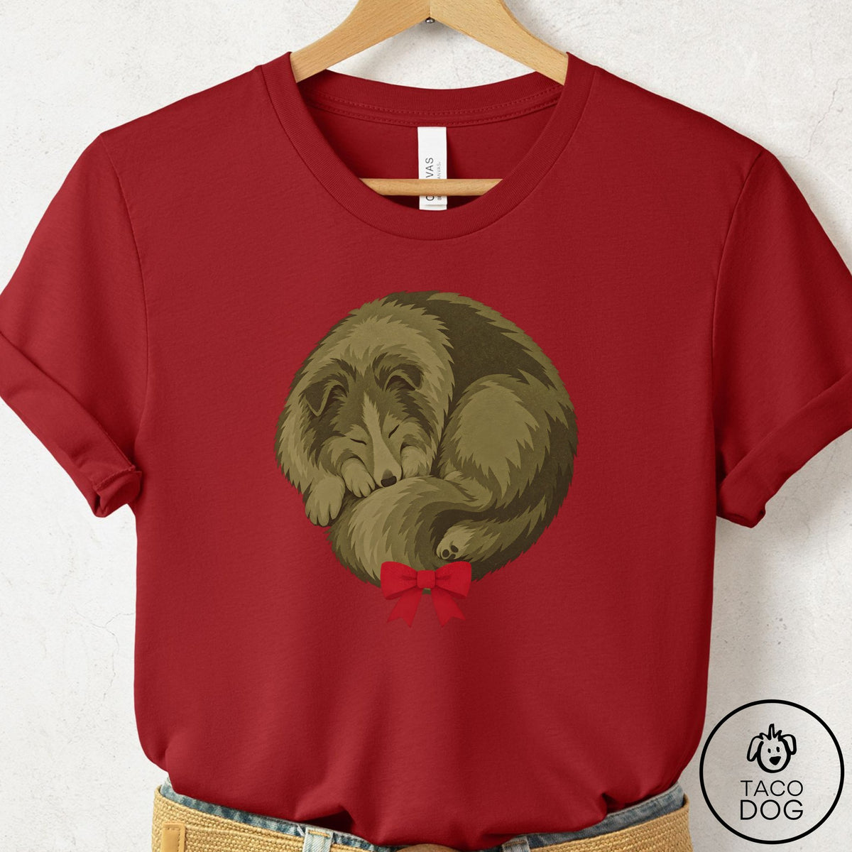 Shetland Sheepdog Wreath T-Shirt Canvas Red Taco-Dog