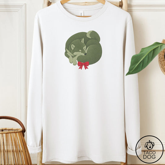 Shiba Inu Wreath Long Sleeve Tee White Taco-Dog