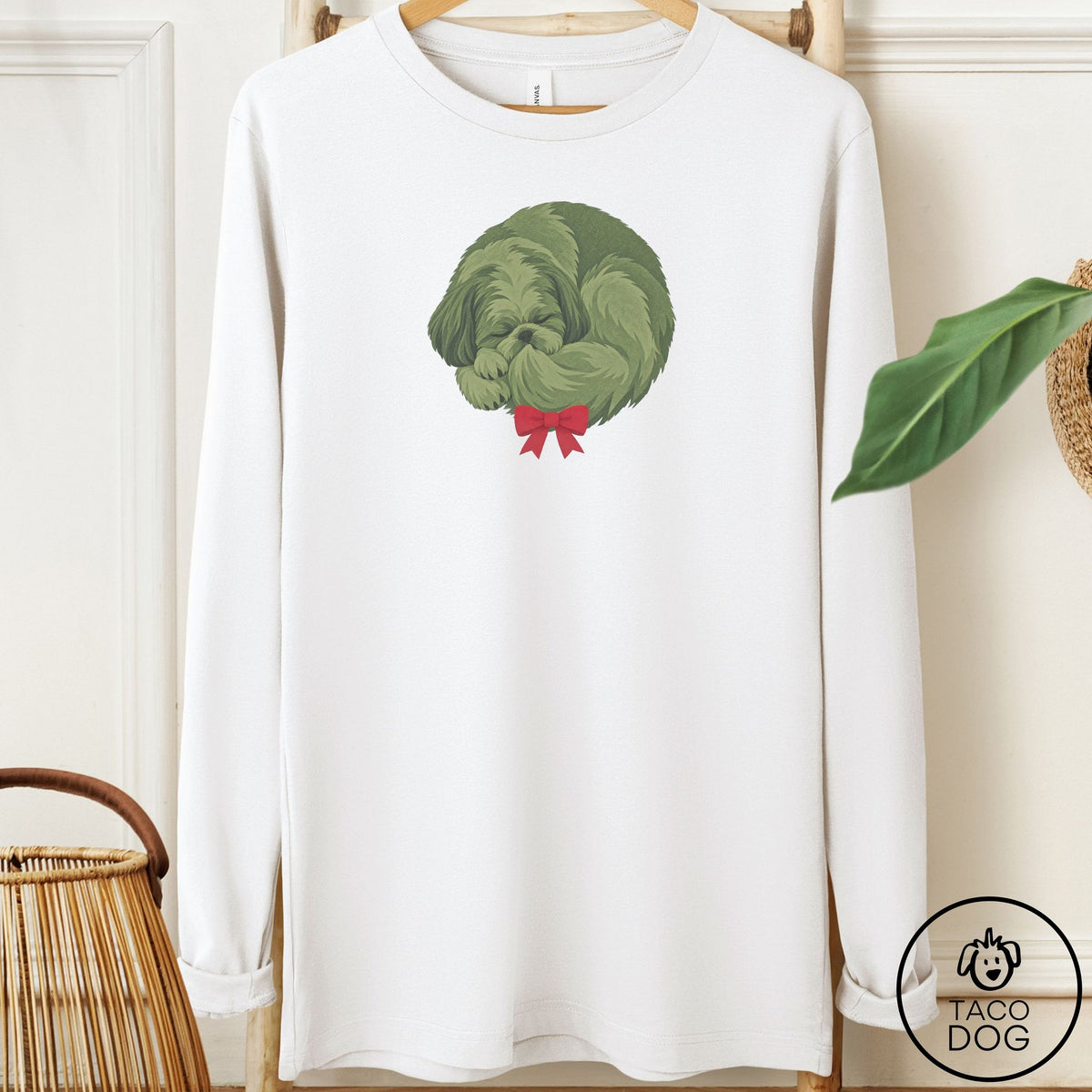 Shih Tzu Wreath Long Sleeve Tee White Taco-Dog