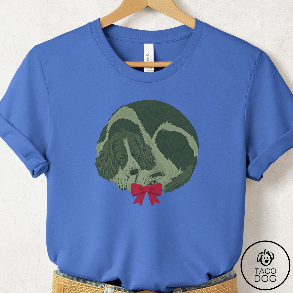 Springer Spaniel Wreath T-Shirt Columbia Blue Taco-Dog