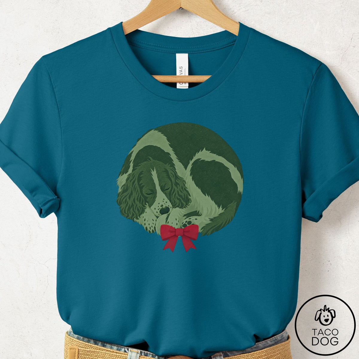 Springer Spaniel Wreath T-Shirt Deep Teal Taco-Dog