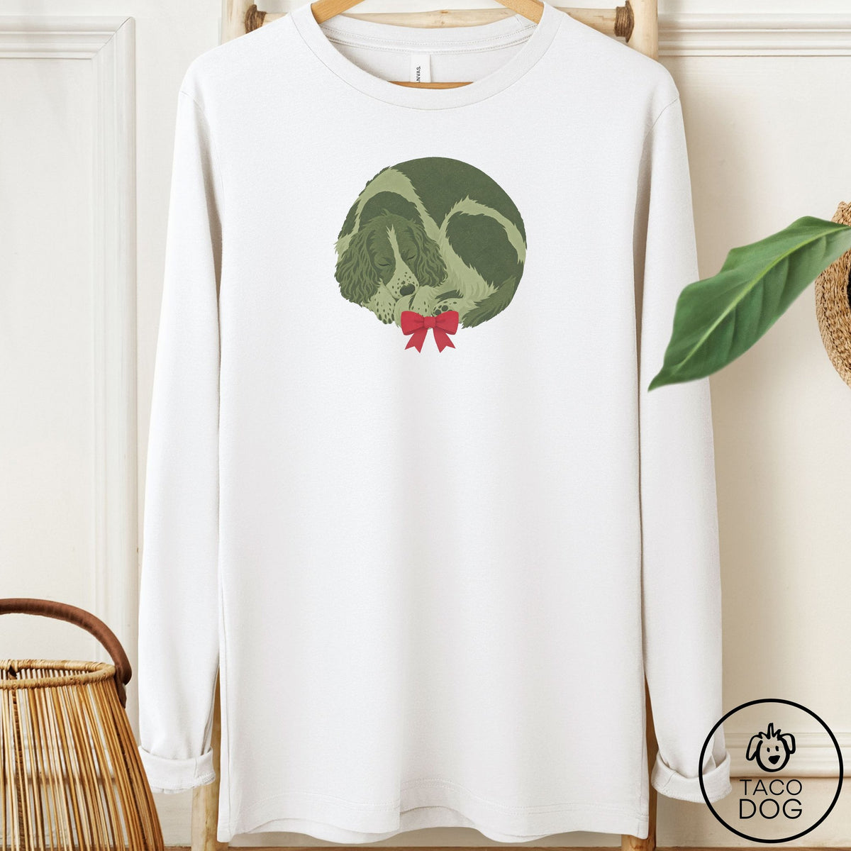 Springer Spaniel Wreath Long Sleeve Tee White Taco-Dog
