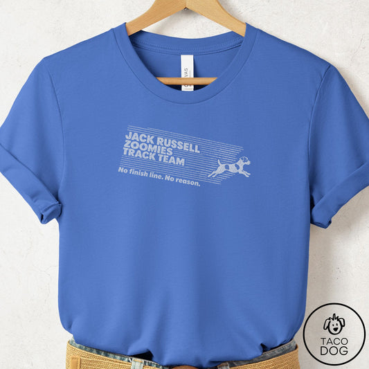 Jack Russell Zoomies Track Team T-Shirt Columbia Blue Taco-Dog