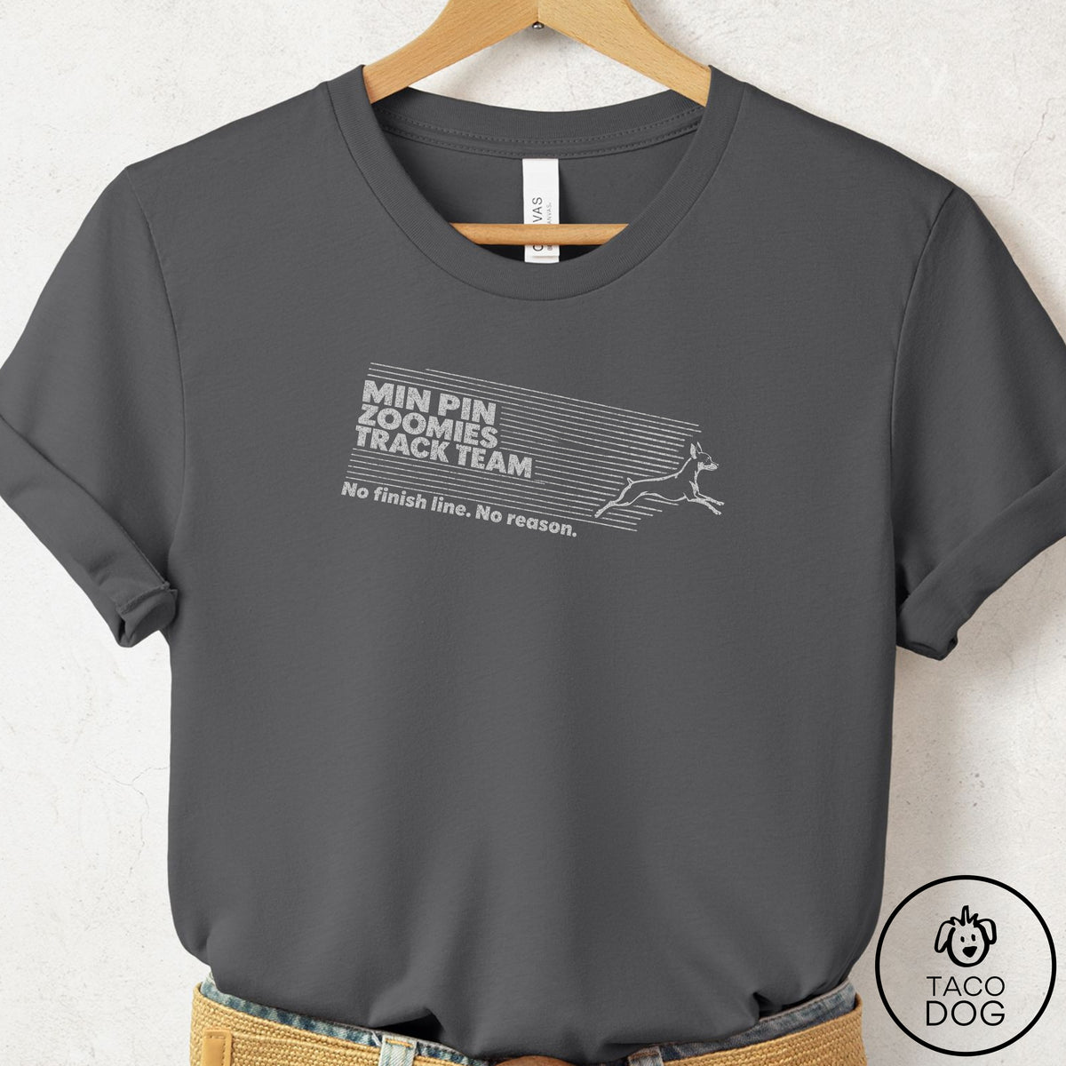Miniature Pinscher Zoomies Track Team T-Shirt Asphalt Taco-Dog