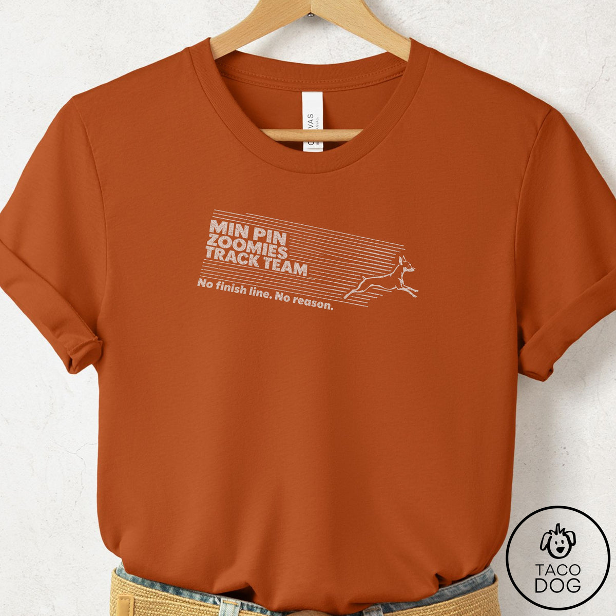 Miniature Pinscher Zoomies Track Team T-Shirt Autumn Taco-Dog