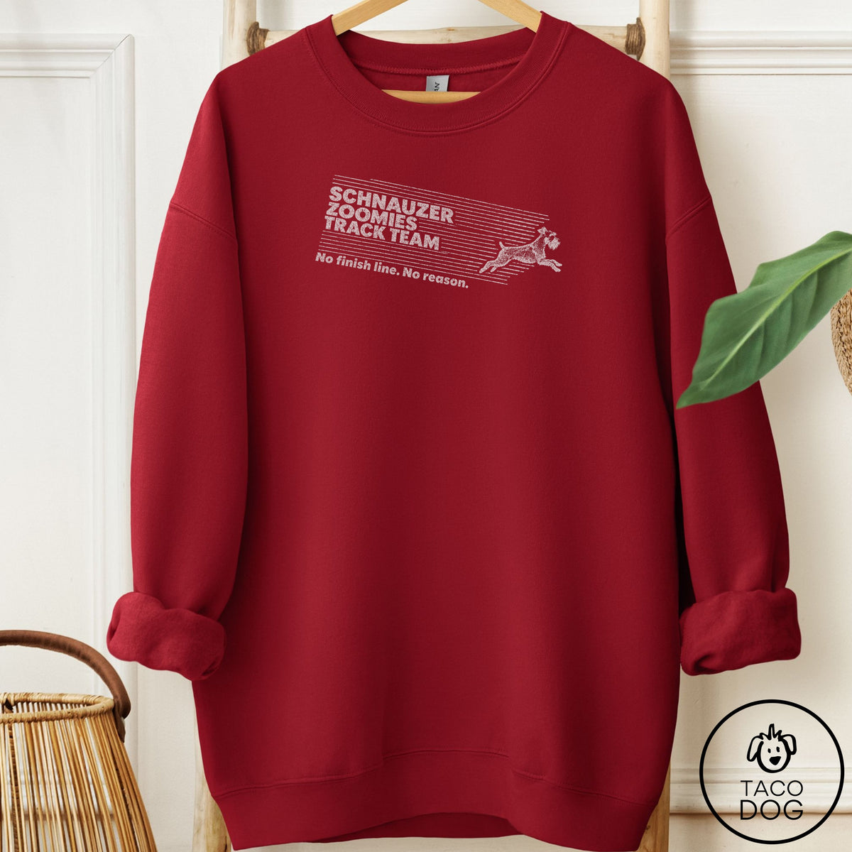 Schnauzer Zoomies Track Team Sweatshirt Garnet Taco-Dog